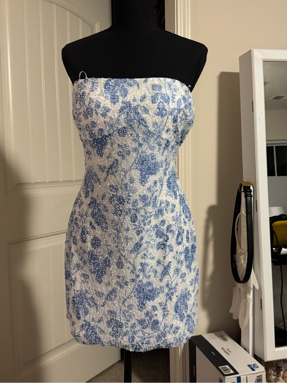 Strapless Blue & White Floral Sequin Mini Dress